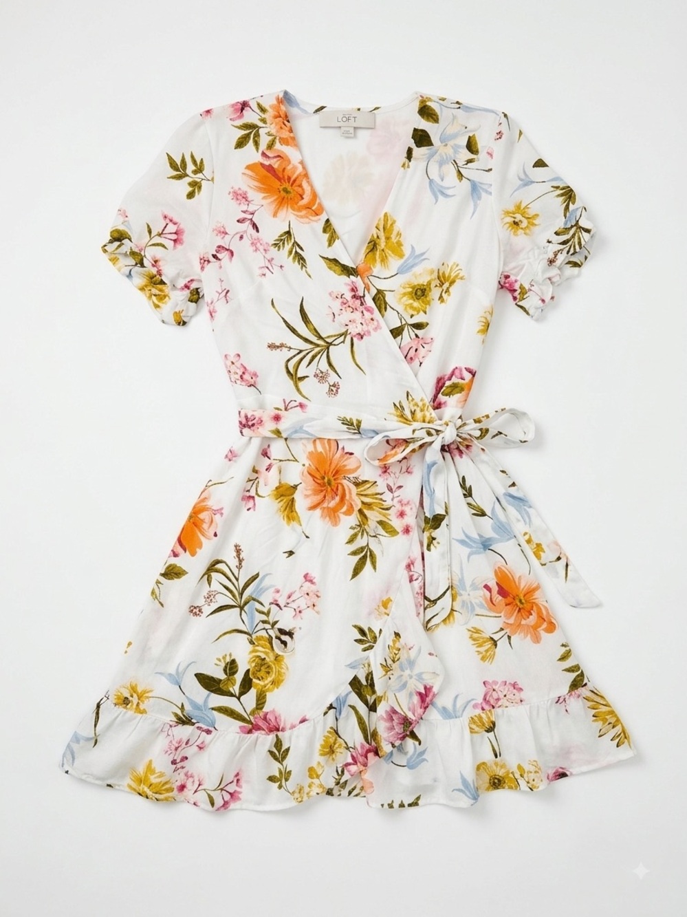LOFT White Floral Wrap Midi Dress with Ruffle Hem